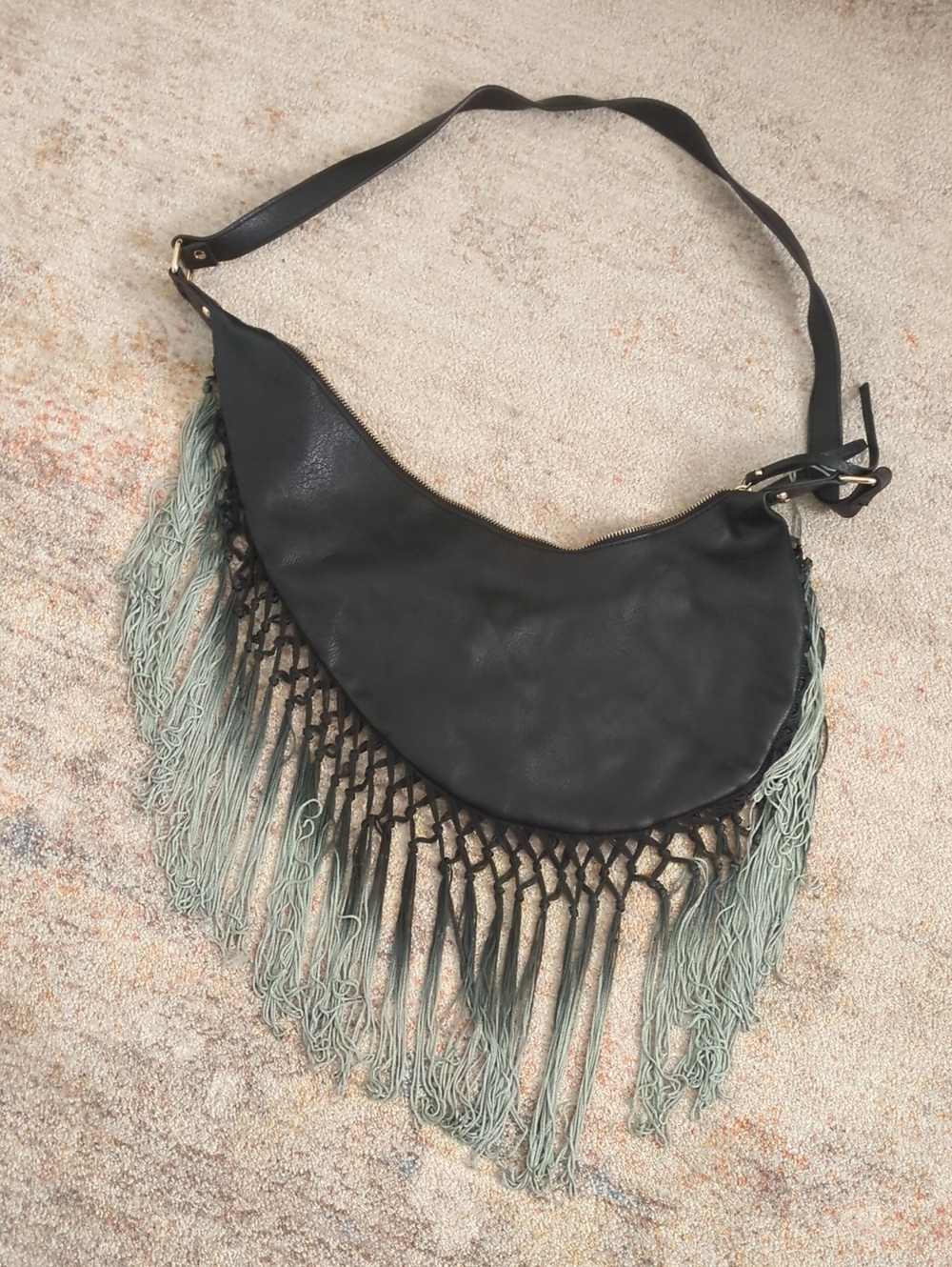 Source Unknown Black Shoulder Bag with Sage Fringe